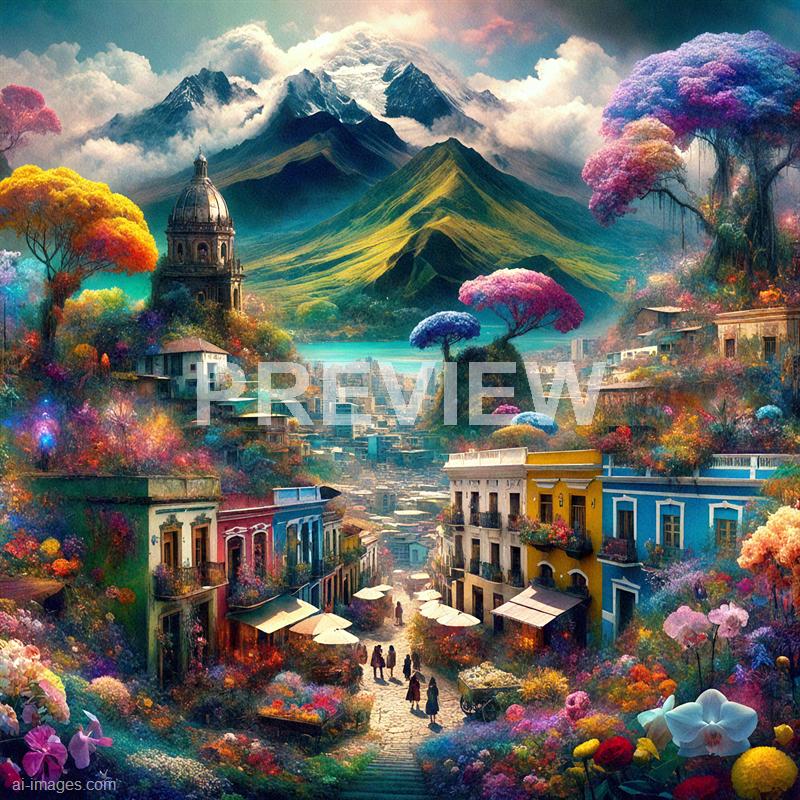 The image depicts a vibrant, fantastical landscape with a colorful village nestled in lush greenery and blooming trees in various shades of pink, purple, yellow, and red. Behind the village, there are towering, snow-capped mountains partially shrouded in clouds, and a serene turquoise lake is visible at the base of the mountains. The sky above is a soft, warm hue, adding to the dreamlike atmosphere of the scene, with a mix of natural and whimsical elements blending into a picturesque panorama.